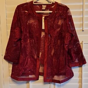 Chico's Embroidered Sheer Jacket in Deep Cherry
